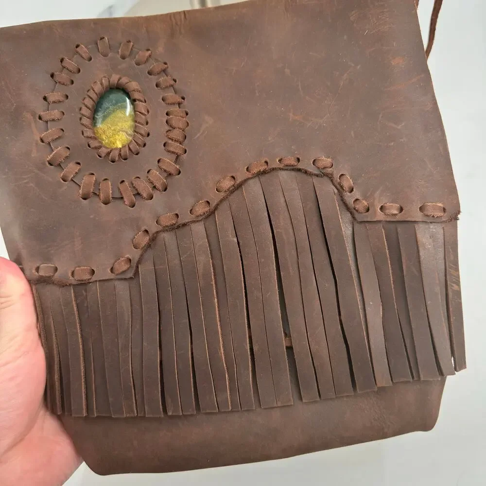 Handmade Brown leather fringe Crossbody bag